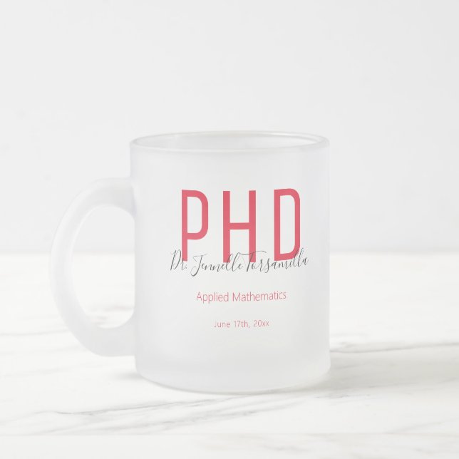 Taza De Cristal Esmerilado Graduado Red Black Date Name Graduate PhD (Izquierda)