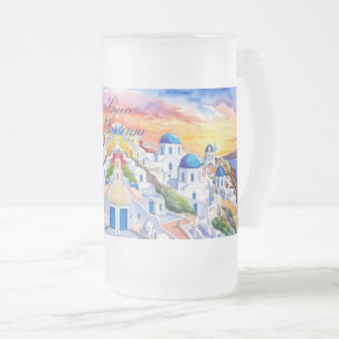 Taza De Cristal Esmerilado Grecia Santorini Watercolor Sketch Aegean Sea  