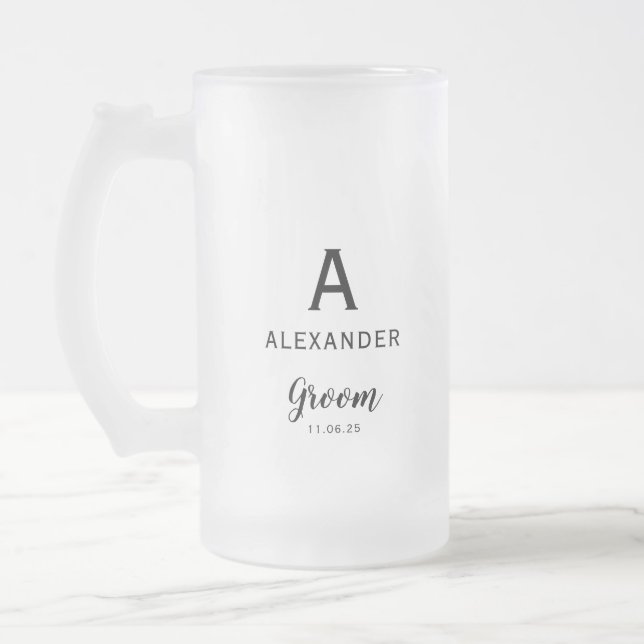 Taza De Cristal Esmerilado Groom Monograma Boda de nombres (Izquierda)