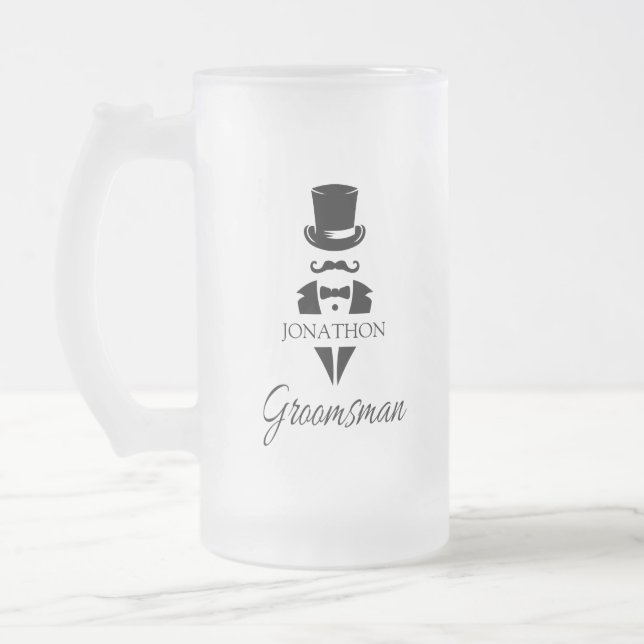Taza De Cristal Esmerilado Groomsman Nombre Tuxedo Top Hat (Izquierda)