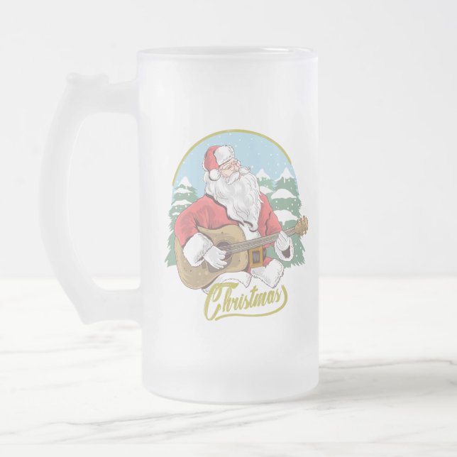Taza De Cristal Esmerilado Guitarra tocando Santa Claus | NAVIDADES (Izquierda)