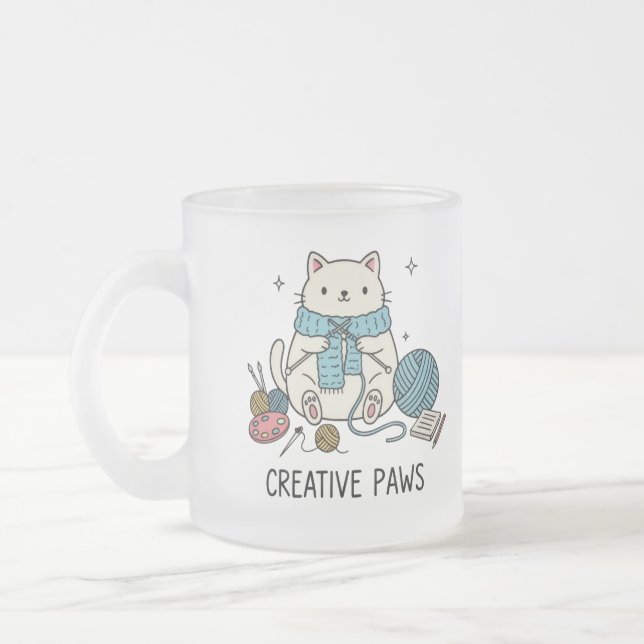 Taza De Cristal Esmerilado Happy White Cat Knitting Yarn Cute Hobby Drinkware (Izquierda)