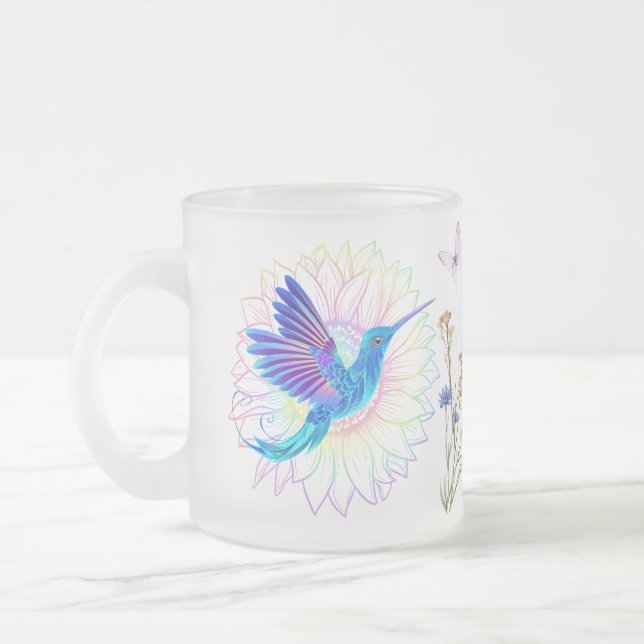 Taza De Cristal Esmerilado Hummingbirds de girasol colorido (Izquierda)