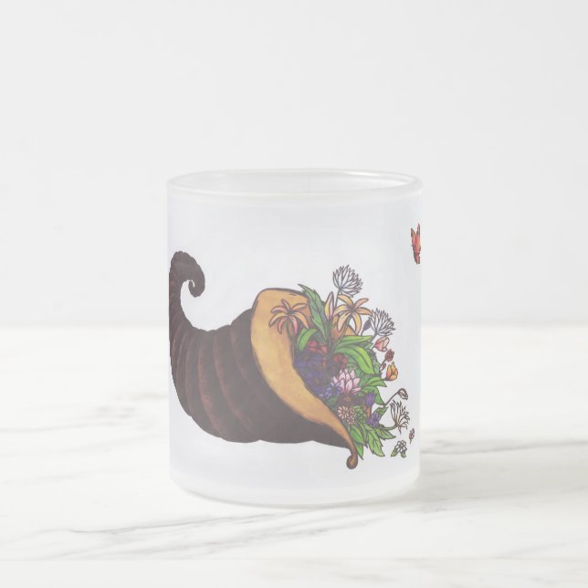 Taza De Cristal Esmerilado ilustracion acuarela llenando flores de cuerno (Centro)