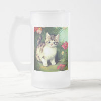 Ilustracion de gato vintage con flores rojas