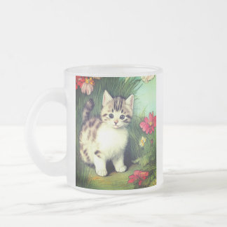 Taza De Cristal Esmerilado Ilustracion de gato vintage con flores rojas