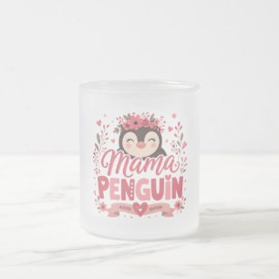 Taza De Cristal Esmerilado Ilustración de Mamá Pingüino Floral Rosa Maternida