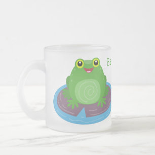 Taza De Cristal Esmerilado Ilustracion de personalizado de rana verde alegre