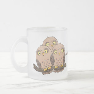 Taza De Cristal Esmerilado Ilustracion de trío de búho lindo