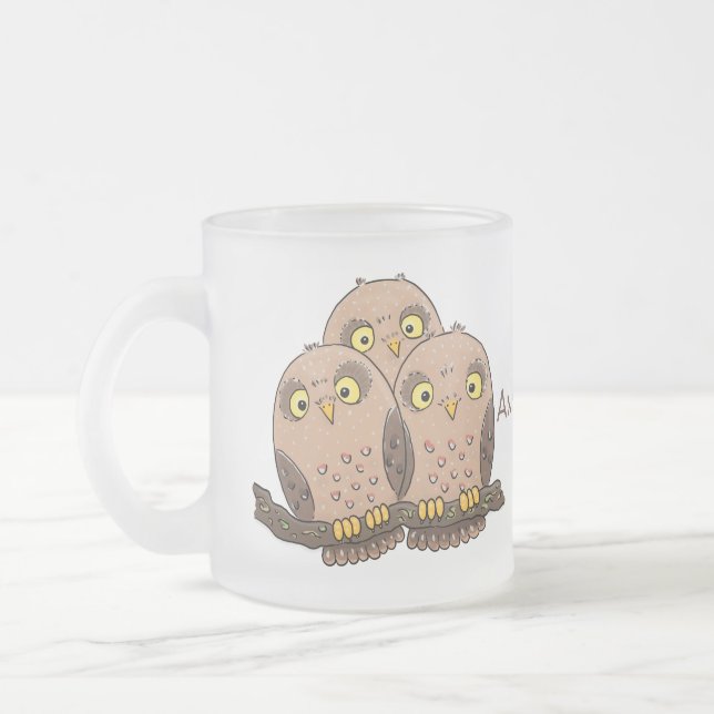Taza De Cristal Esmerilado Ilustracion de trío de búho lindo (Izquierda)