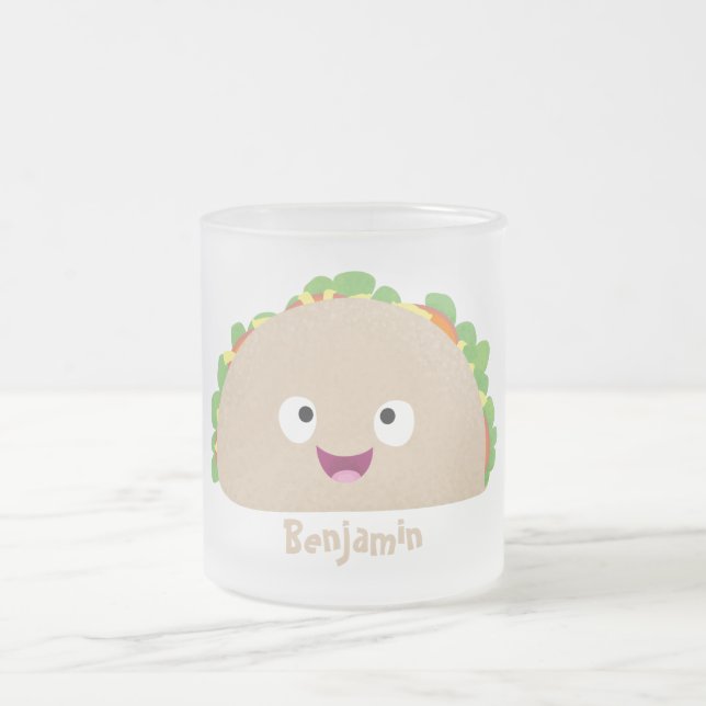 Taza De Cristal Esmerilado Ilustracion personalizado de taco alegre sonriente (Centro)