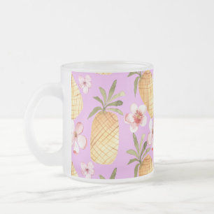 Taza De Cristal Esmerilado Impresión tropical de piña retro sobre fondo lilac