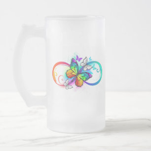 Taza De Cristal Esmerilado Infinidad brillante con la mariposa arcoiris