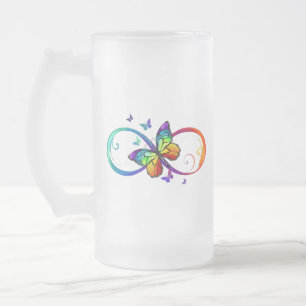 Taza De Cristal Esmerilado Infinidad vibrante con mariposa arco iris sobre ne