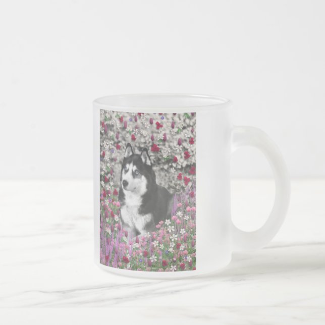 Taza De Cristal Esmerilado Irie el husky siberiano en flores (Derecha)
