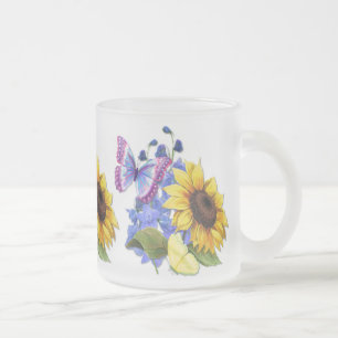 Taza De Cristal Esmerilado Jardín de girasoles de mariposa