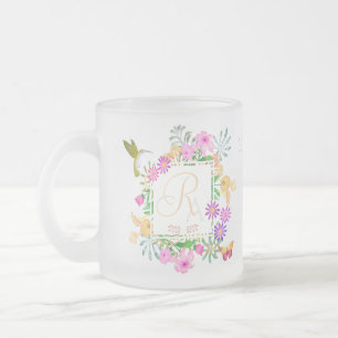 Taza De Cristal Esmerilado Jardín floral Aqua Monogram Mug