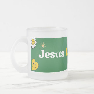 Taza De Cristal Esmerilado Jesús Te Ama El Cuto Sonriente Amarillo Verde
