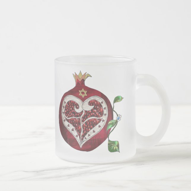 Taza De Cristal Esmerilado Judaica Pomegranate Heart Hanukkah Rosh Hashanah (Derecha)