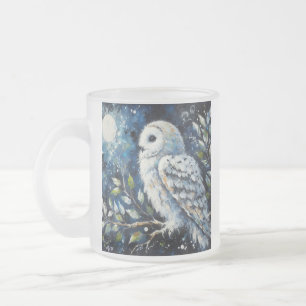 Taza De Cristal Esmerilado Lechuza blanca en rama con pintura lunar