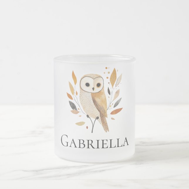 Taza De Cristal Esmerilado Lechuza Naranja crema con hojas (Centro)