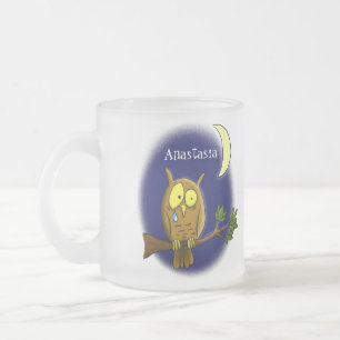 Taza De Cristal Esmerilado Lechuza triste con lágrimas y luna le echa de meno