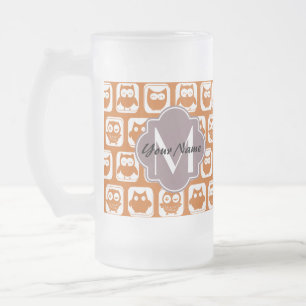 Taza De Cristal Esmerilado Lechuzas Naranjas monogramadas