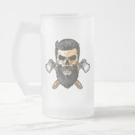 Taza De Cristal Esmerilado Leñador Barba Calavera Hachas Cruzadas