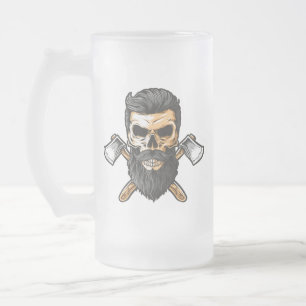 Taza De Cristal Esmerilado Leñador Barba Calavera Hachas Cruzadas
