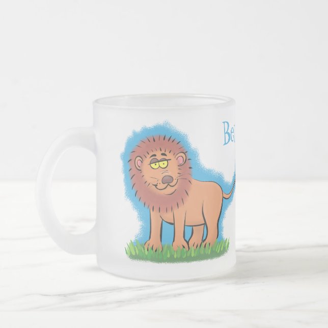 Taza De Cristal Esmerilado León feliz con ilustracion personalizado de maripo (Izquierda)