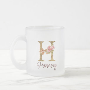 Taza De Cristal Esmerilado Letra de nombre personalizado H Lámina de oro Rosa