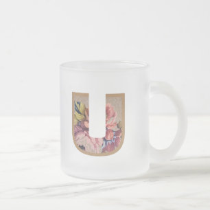 Taza De Cristal Esmerilado Letra floral inicial rustica U monograma