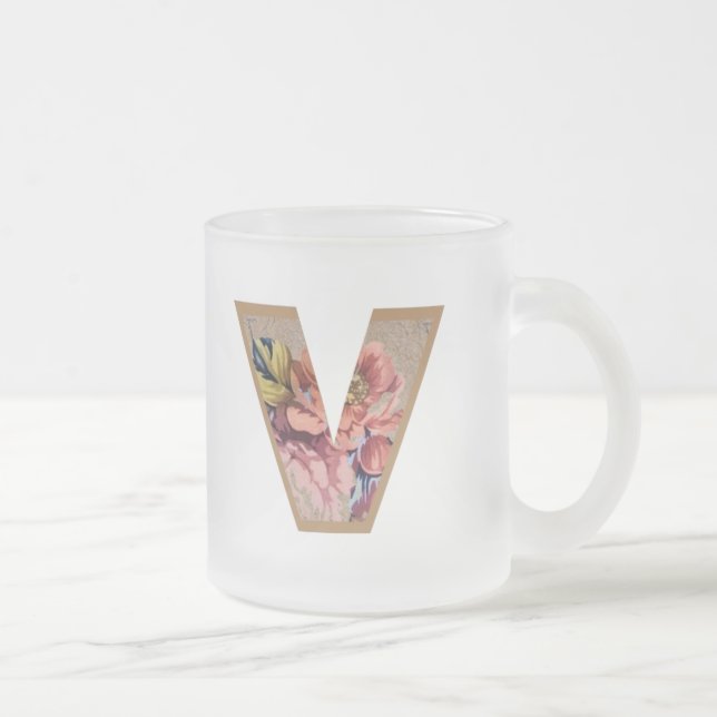 Taza De Cristal Esmerilado Letra floral inicial rustica V monograma (Derecha)