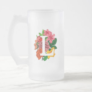 Taza De Cristal Esmerilado Letra mayúscula L monograma floral