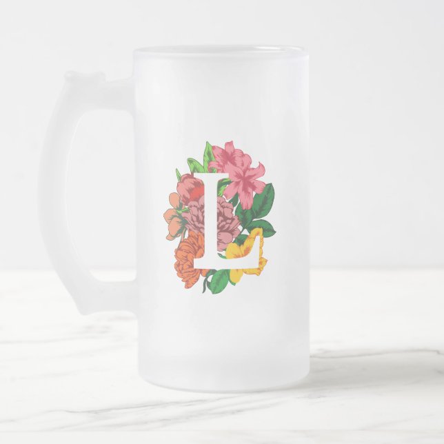 Taza De Cristal Esmerilado Letra mayúscula L monograma floral (Izquierda)