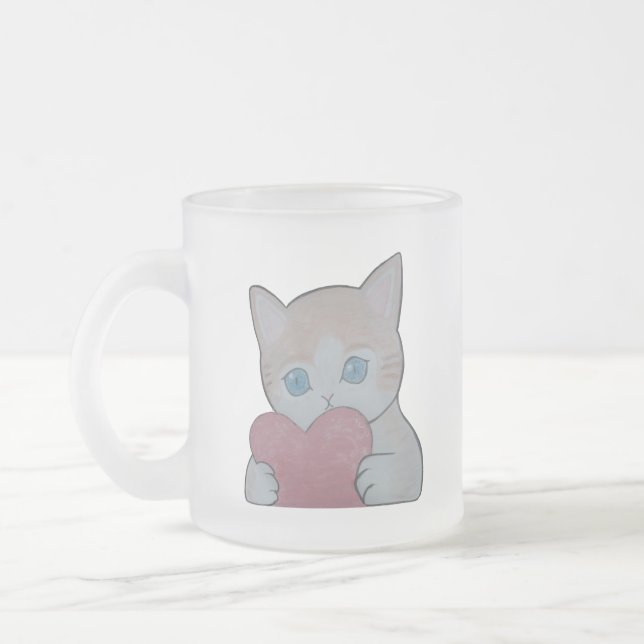 Taza De Cristal Esmerilado lindo gatito con corazón (Izquierda)