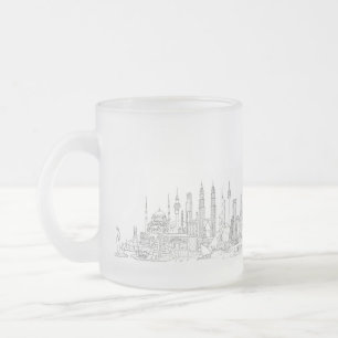 Taza De Cristal Esmerilado Línea aérea del mundo (blanco y negro)