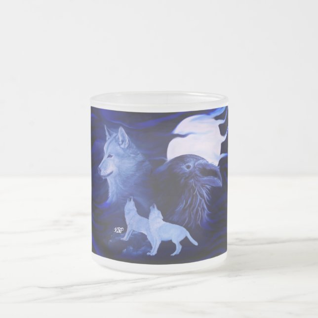 Taza De Cristal Esmerilado Lobos y Raven con luna llena (Centro)
