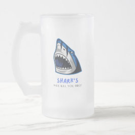 TAZA DE CRISTAL ESMERILADO LOS TIBURONES TE MATARÁN HERMANO...  CITA DIVERTID