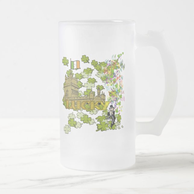 Taza De Cristal Esmerilado Lucky Leprechaun y su castillo irlandés (Derecha)