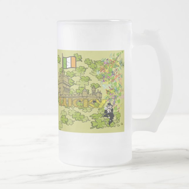 Taza De Cristal Esmerilado Lucky Leprechaun y su castillo irlandés (Derecha)