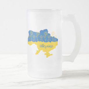 Taza De Cristal Esmerilado Mapa de Ucrania con girasol y bandera ucraniana