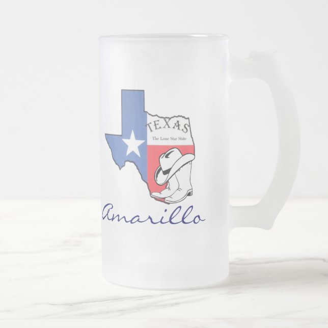 Taza De Cristal Esmerilado Mapa estatal de Amarillo Texas con estrella, botes (Derecha)