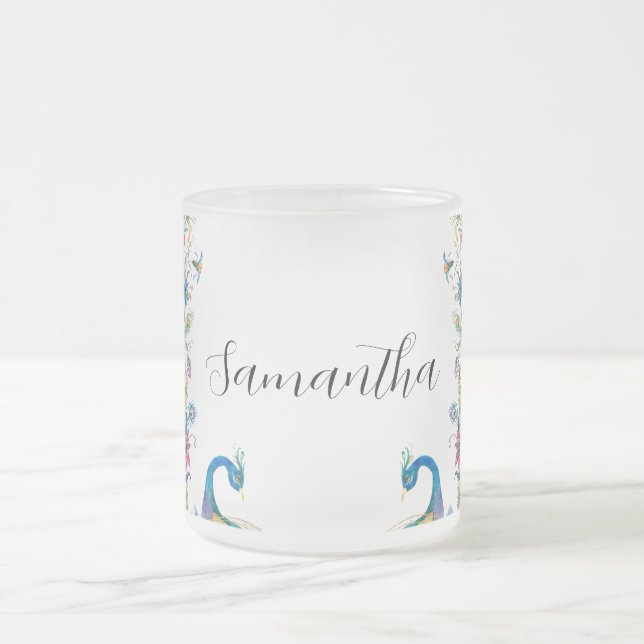 Taza De Cristal Esmerilado Marco de pavos reales con flores acuarelas (Centro)