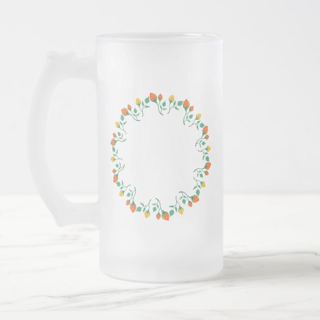 Taza De Cristal Esmerilado Marco redondo floral con flor rosa amarilla y roja (Izquierda)