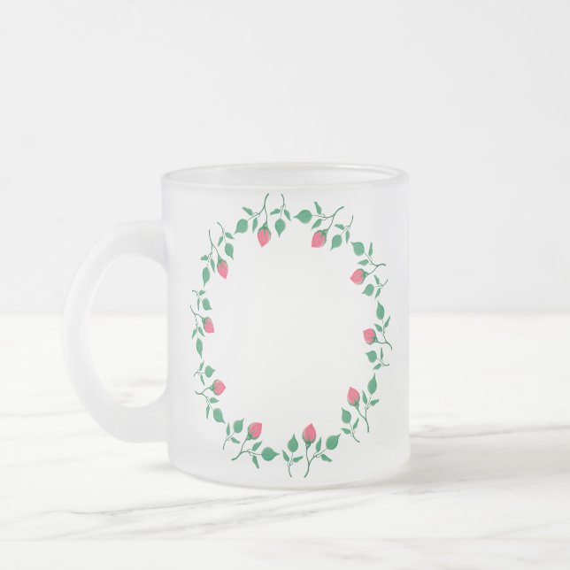 Taza De Cristal Esmerilado Marco redondo floral con flores rosadas (Izquierda)