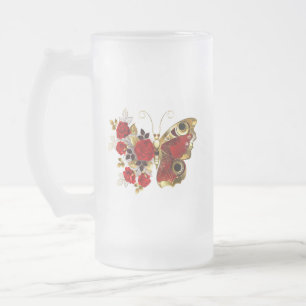 Taza De Cristal Esmerilado Mariposa de flor roja con rosas rojas