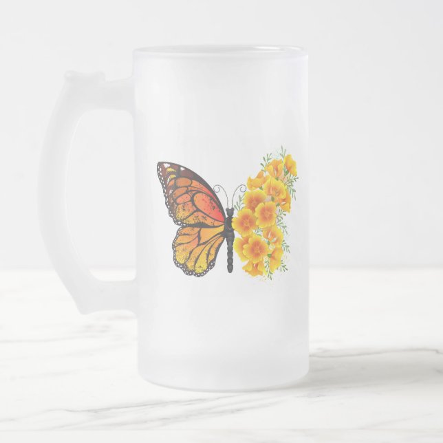Taza De Cristal Esmerilado Mariposa de flores con amapola amarilla de Califor (Izquierda)