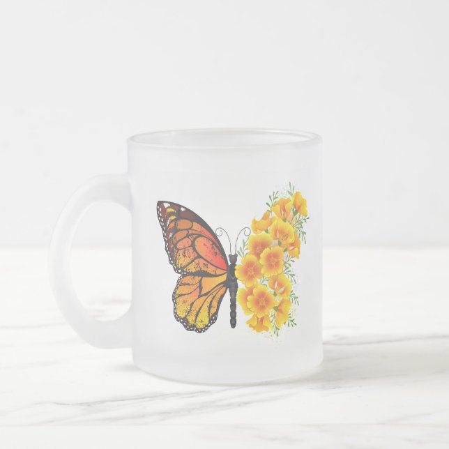 Taza De Cristal Esmerilado Mariposa de flores con amapola amarilla de Califor (Izquierda)