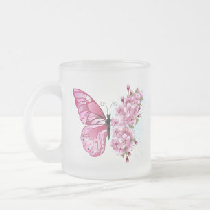 Taza De Cristal Esmerilado Mariposa de flores con Sakura rosa